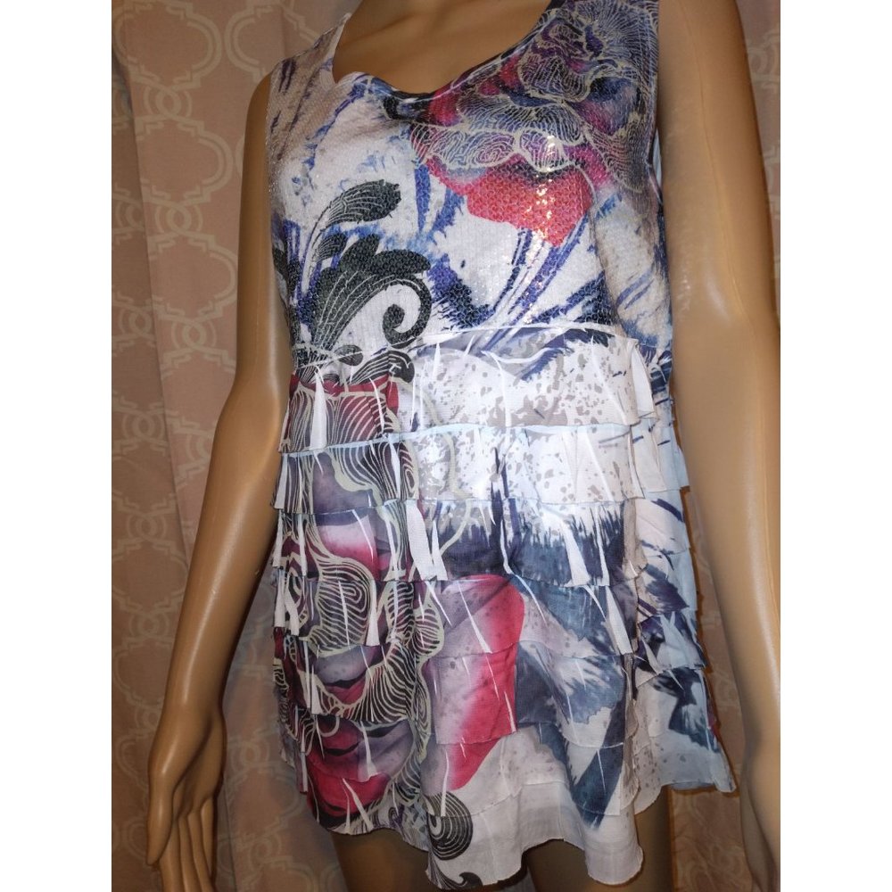 Style & Co Tiered Ruffle Sequin floral Sleeveless Tank Top Blouse